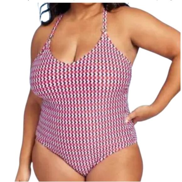 Kona Sol One-Piece Swimsuit Women’s Size 18 Red White Blue Zigzag Strappy Back - Picture 3 of 15